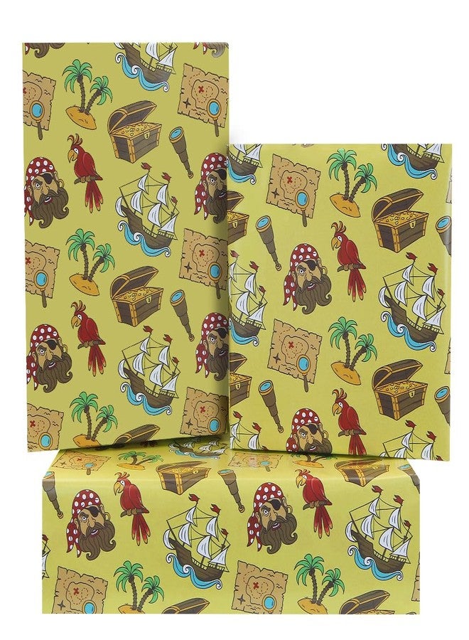 Geluode Birthday Wrapping Paper for Boys Girls Kids, Cool Pirates Treasure Ship Island Parrot Yellow Gift Wrap Paper for Birthday Party Baby Shower, 4 Sheets Folded Flat 20x28 Inches Per Sheet - Image 1